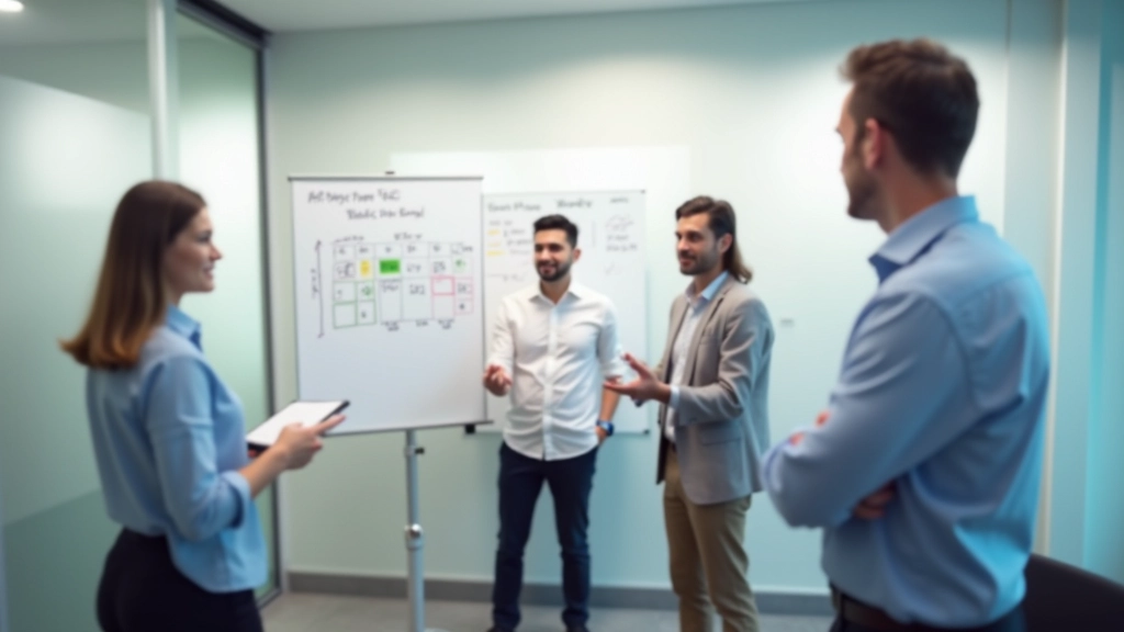 Corporate team meeting room with whiteboard showing task priorities and weekly planning grid
