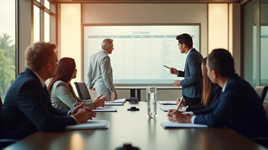 Team seated around conference table with large screen displaying priority matrix and notes