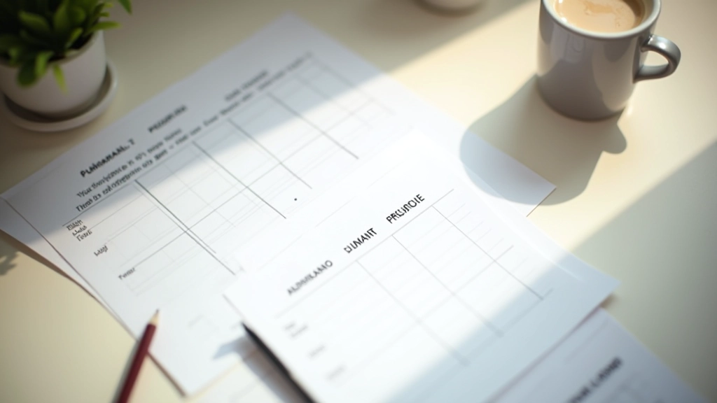 Workspace desk with printed planning templates and priority matrix worksheet