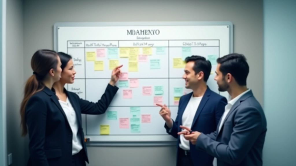 Corporate team in Shah Alam office standing around planning board with color-coded priority matrix
