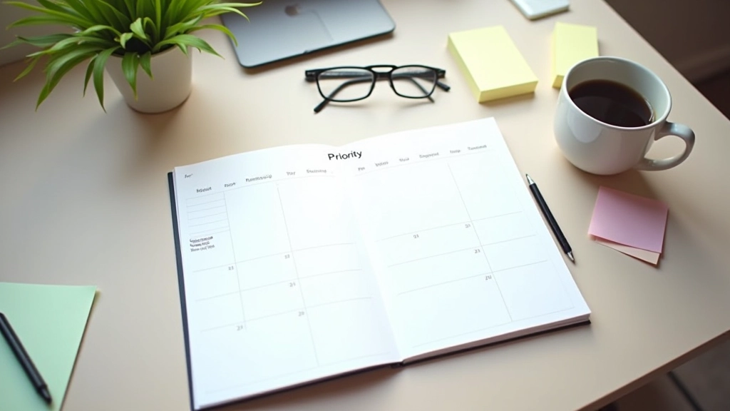 Executive desk with calendar planner, coffee cup, and organized papers showing weekly schedule layout