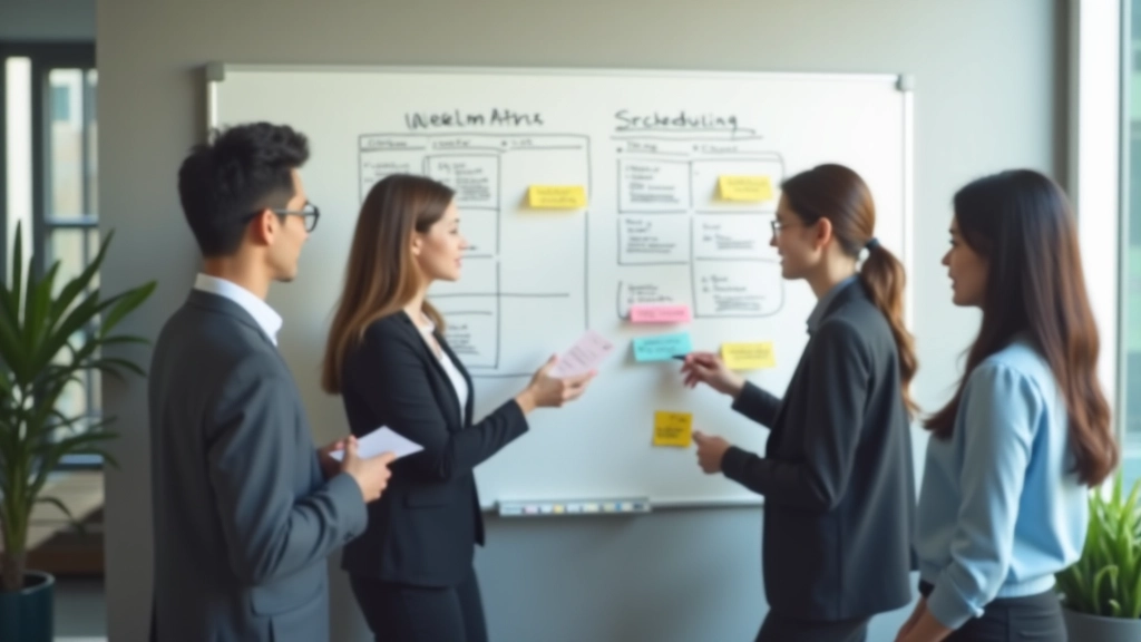 Team members collaborating on whiteboard with priority framework diagram and sticky notes