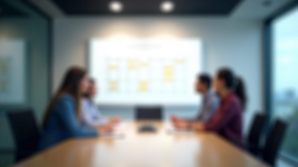Team members in meeting room with whiteboard showing weekly schedule blocks and task breakdown