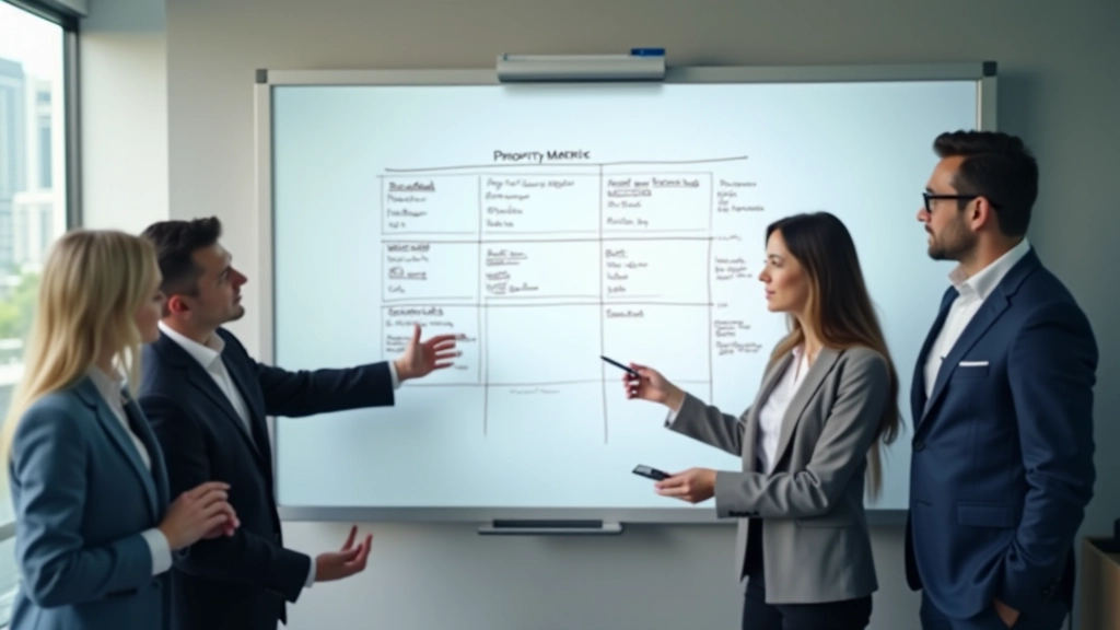 Modern corporate office with team planning at whiteboard showing priority matrix layout and weekly schedule