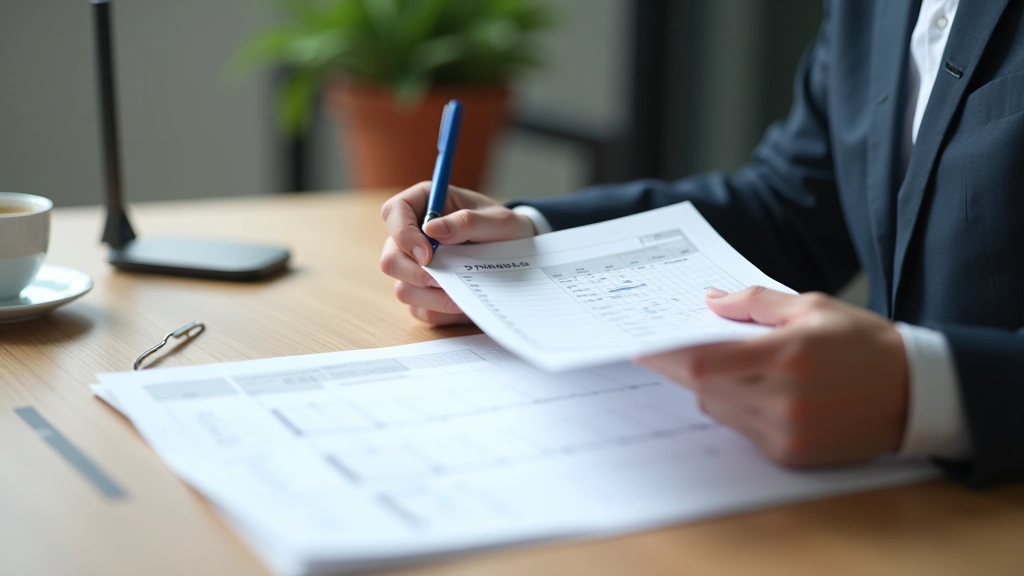 Hands holding printed planning template with handwritten notes and coffee nearby