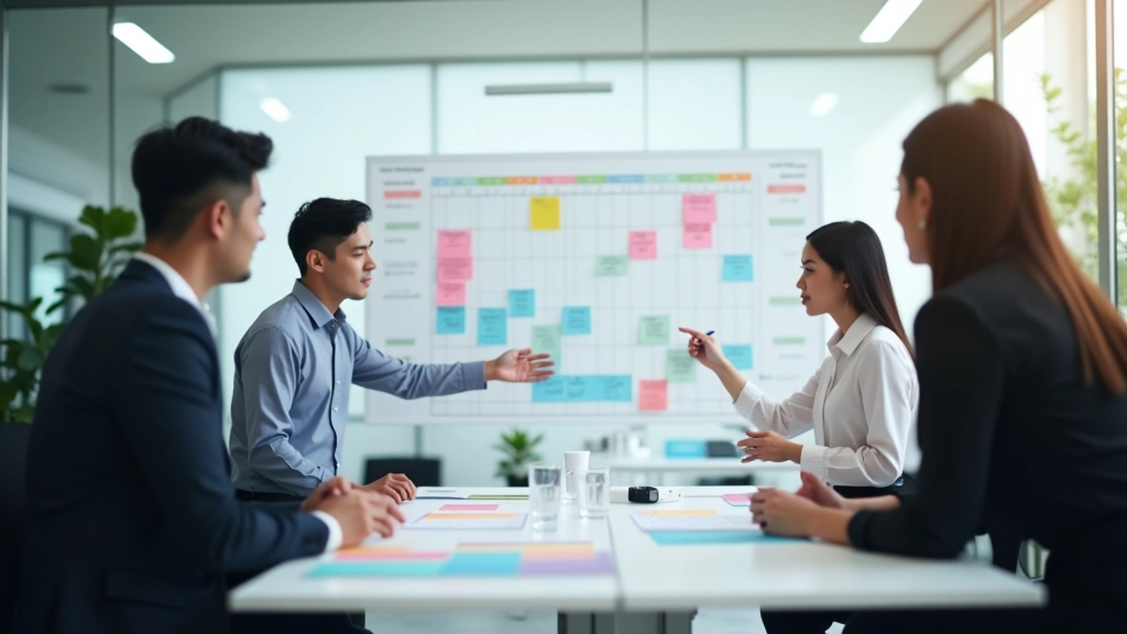 Professional team collaborating around priority matrix planning board in modern office setting