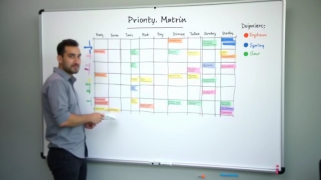Structured scheduling workflow diagram showing priority matrix quadrants and weekly planning timeline on whiteboard