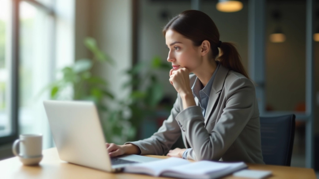 Manager at desk reviewing planning template on laptop with notebook and coffee